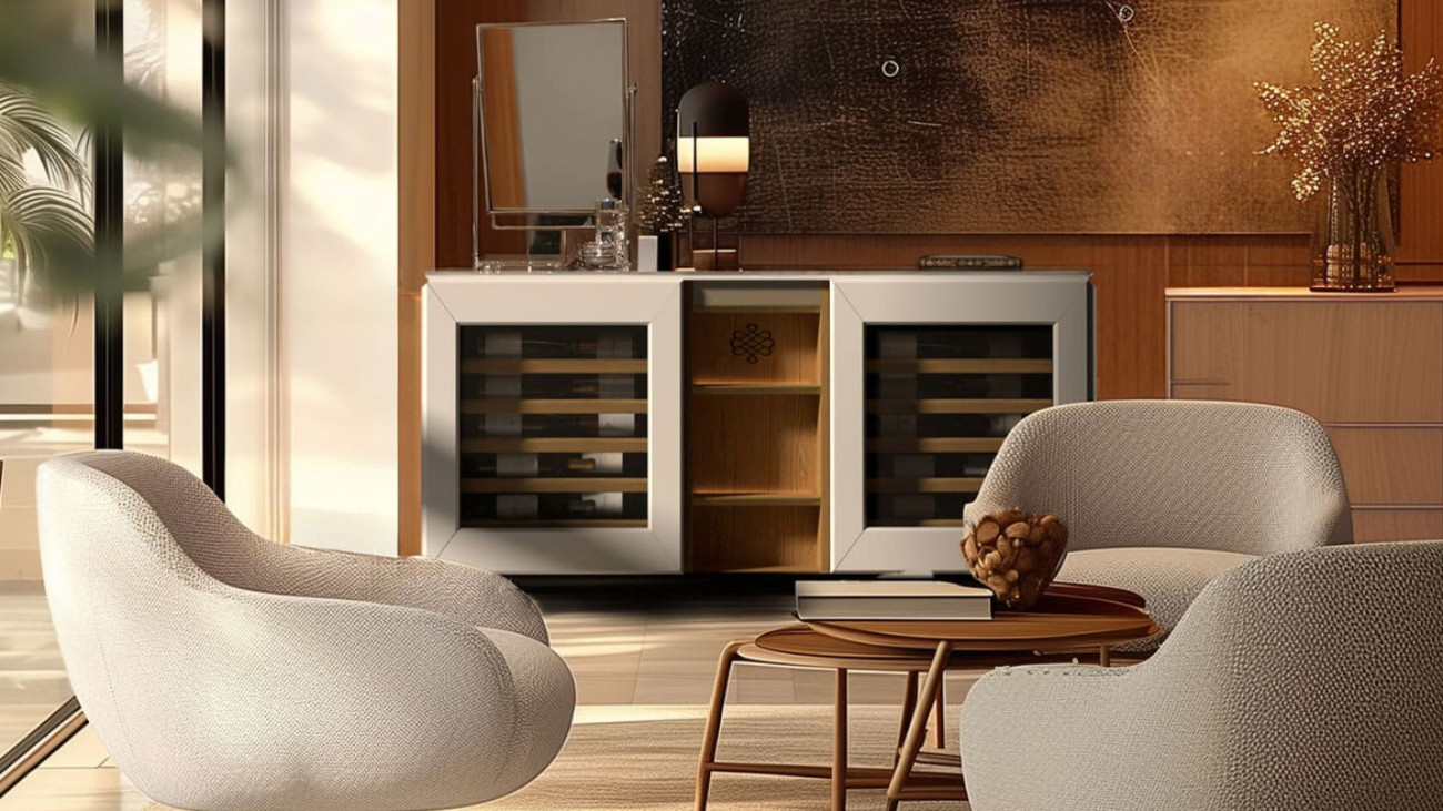 EuroCave horizontal wine cabinet, wine buffet style, integrated into a living room with warm interior decor