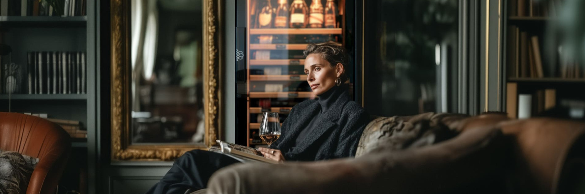 Wine lover enjoying a glass of wine during a tasting in front of a wine fridge