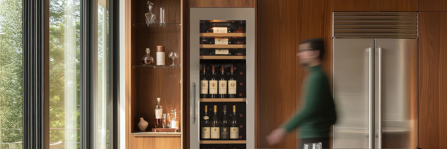 Built in wine fridge with technical door and stainless steel finish in a modern kitchen