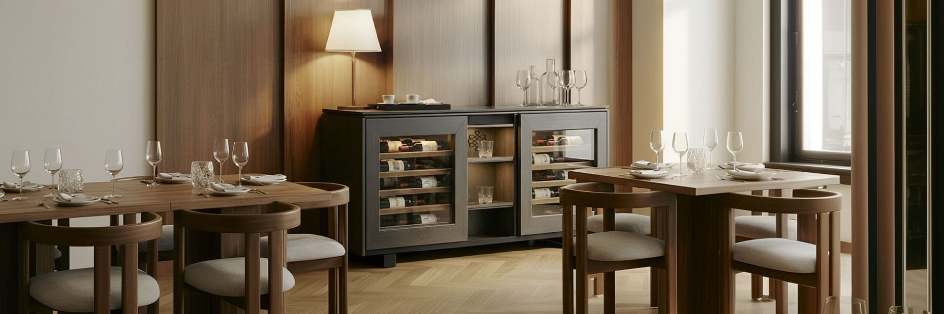 Premium wine presentation with wine cabinet Harmonie in a restaurant dining room