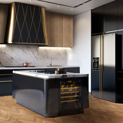 Petite cave a vin encastrable intégrée dans l'îlot d'une cuisine à la décoration luxueuse - Compact EuroCave