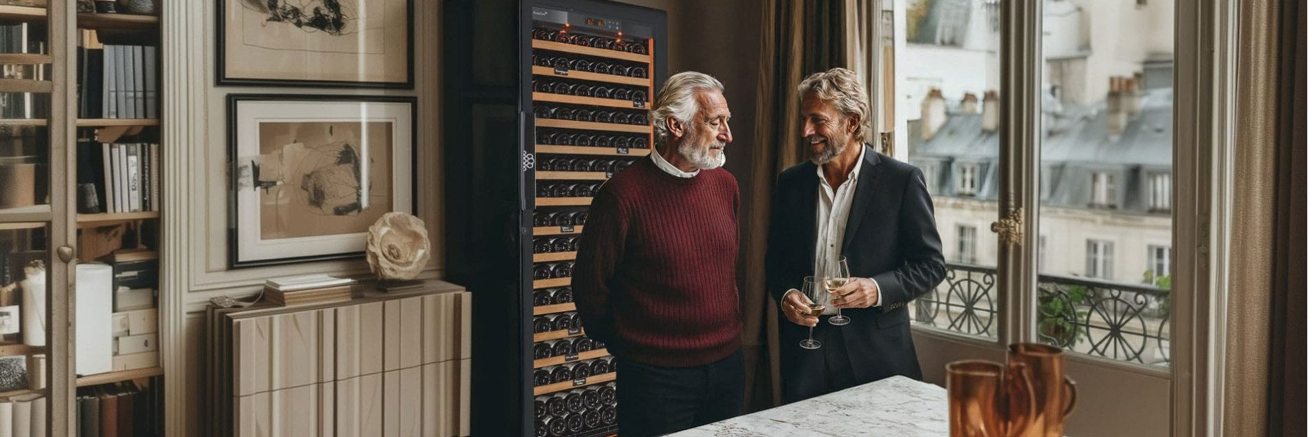 EuroCave Revelation collection wine cooler, freestanding in a living room, for a tasting moment shared between father and son.