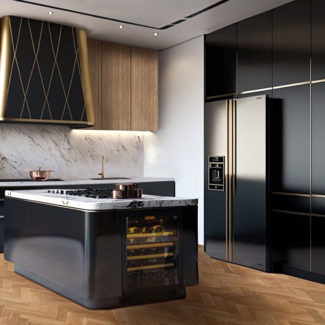 EuroCave Compact collection wine fridge built under-counter in a high-end kitchen with dark tones.