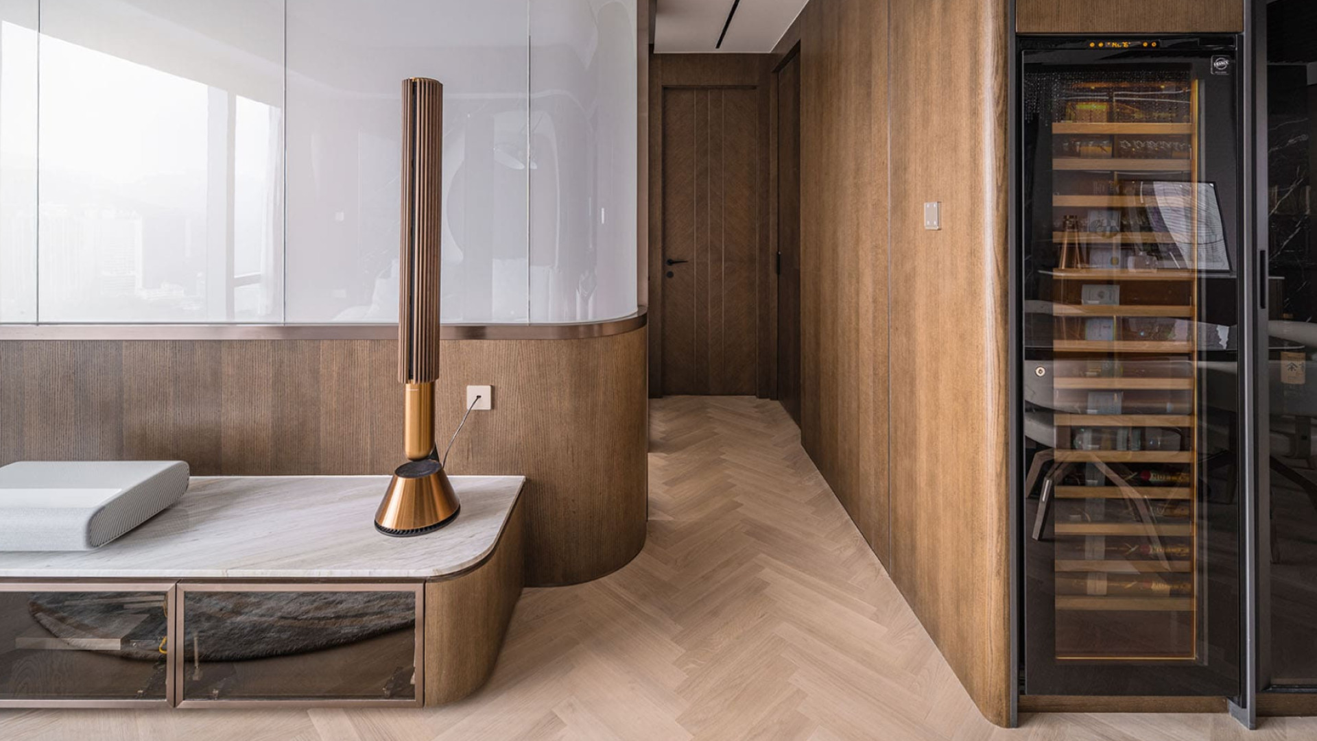 Large wine cooler built into a wooden ambiance design living room furniture - interior designer.