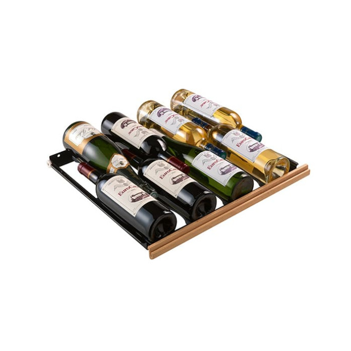 8-bottle sliding shelf with repositionable individual support for storing all shapes and sizes of bottles.