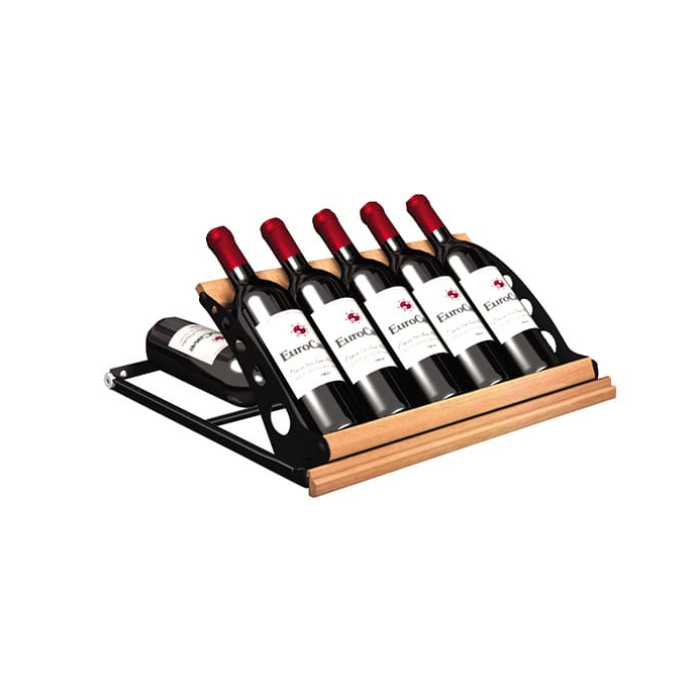 Sliding shelf for displaying wine bottles at the front and storage at the back. Sliding shelf for displaying wine bottles at the front and storage at the back.