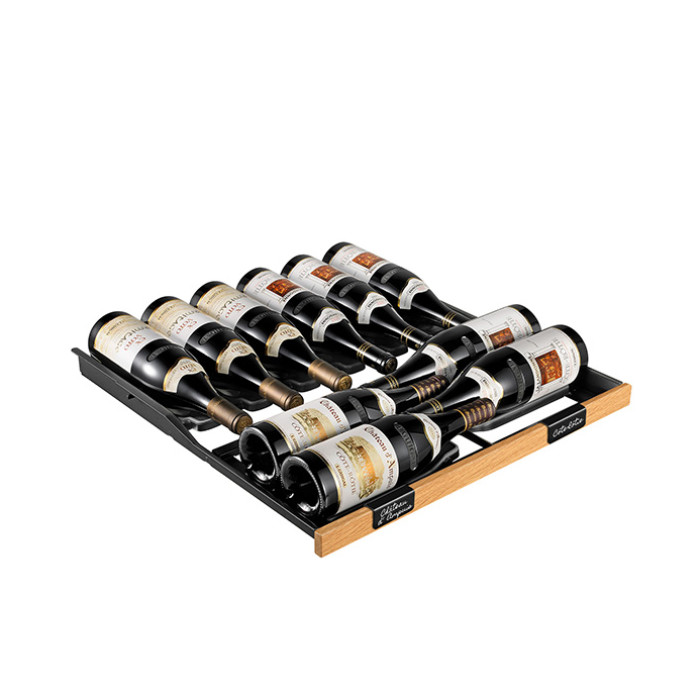 Sliding metal drawer on rail with individual and repositionable bottle holder, choice of front color black or oak wood.