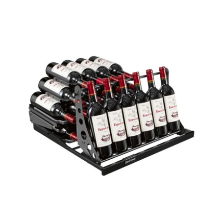 Sliding metal drawer with a standing bottle display rack that tilts to allow access to the rear storage area, choice of black or oak wood front colour. Sliding metal drawer with a standing bottle display rack that tilts to allow access to the rear storage area, choice of black or oak wood front colour.