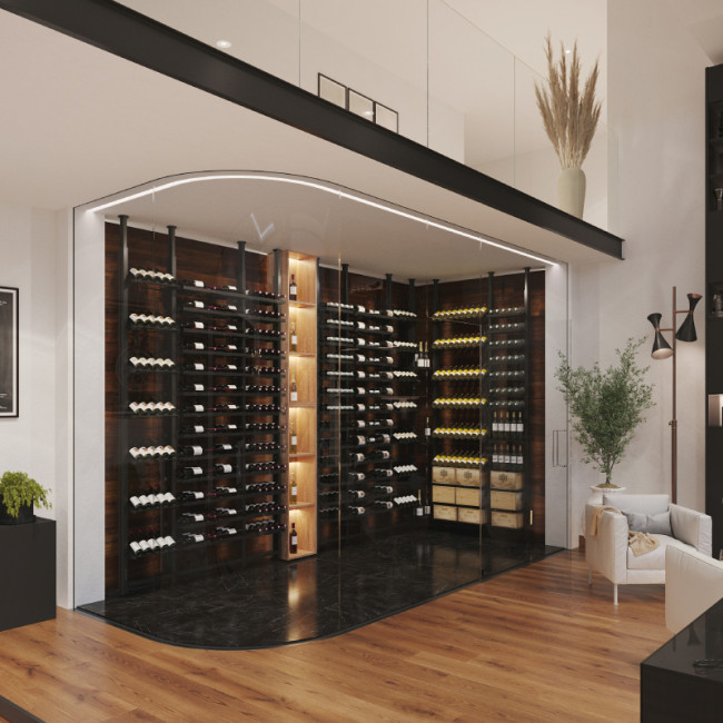 Metal wine storage with hanging bottles. High-end cellar layout. Ceiling or wall mounting. Lighting optional. Several ways to present your wines. Metal wine storage with hanging bottles. High-end cellar layout. Ceiling or wall mounting. Lighting optional. Several ways to present your wines.